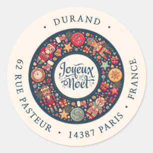 Joyeux Weihnachten Wreath French Blue Rücksendeadr Runder Aufkleber