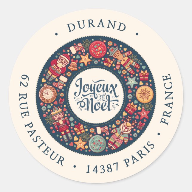 Joyeux Weihnachten Wreath French Blue Rücksendeadr Runder Aufkleber (Vorderseite)