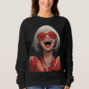 Joyful Anime Girl: Graues Haar, rote Brille, Red R Sweatshirt