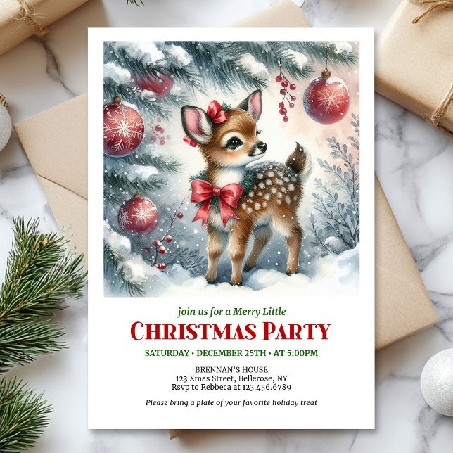 Joyful baby deer watercolor Christmas kids invite  Einladung (baby deer Christmas invite,
snowy forest Christmas card,
watercolor Christmas invitation,
red green )