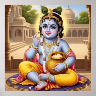 Joyful Blue Classic Bala Krishna Pot Art Design Poster