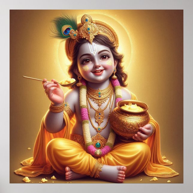 Joyful Blue Classic Krishna Makhan Pot Design Poster (Vorne)