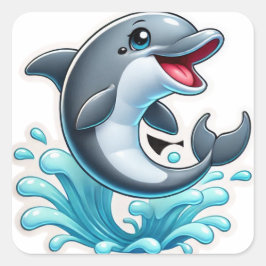 Joyful Blue Dolphin Splash Quadratischer Aufkleber