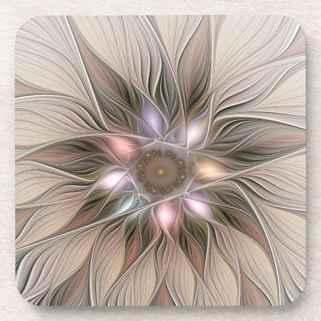 Joyful Blume Abstrakt Beige Brown Fraktal Getränkeuntersetzer (Vorderseite)