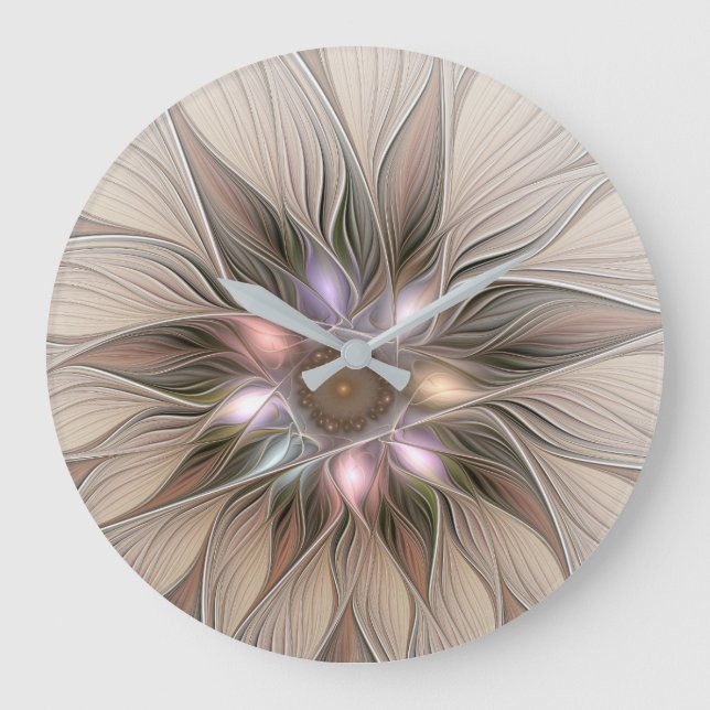 Joyful Blume Abstrakt Beige Brown Fraktal Große Wanduhr (Vorderseite)