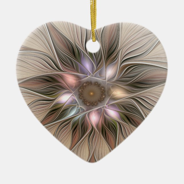 Joyful Blume Abstrakt Beige Brown Fraktal Herz Keramik Ornament (Vorne)