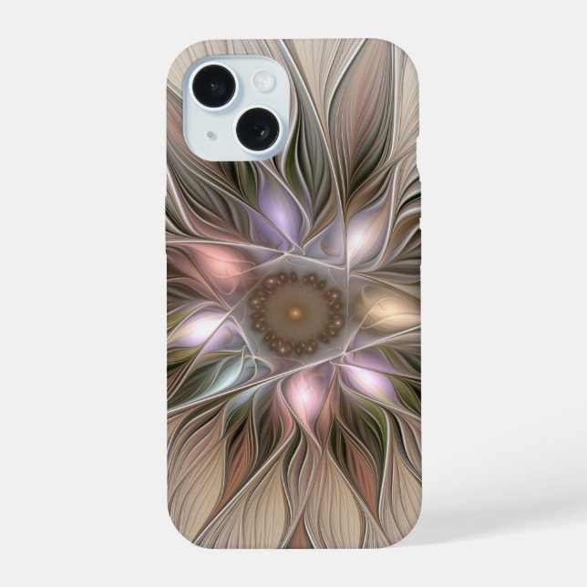 Joyful Blume Abstrakt Beige Brown Fraktal iPhone 15 Hülle (Rückseite)