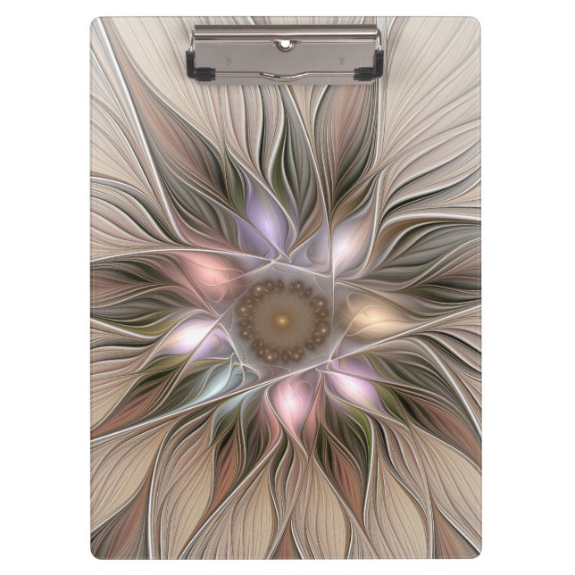 Joyful Blume Abstrakt Beige Brown Fraktal Klemmbrett (Vorderseite)