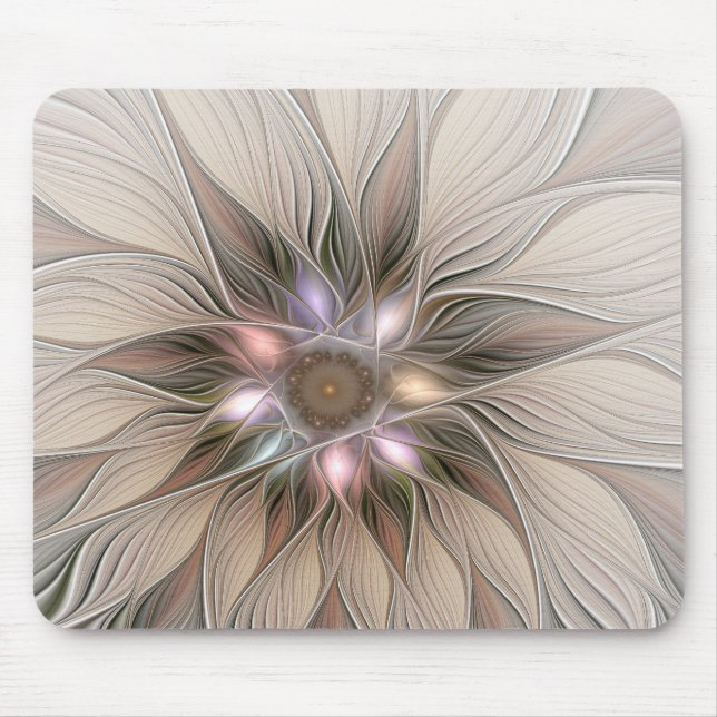 Joyful Blume Abstrakt Beige Brown Fraktal Mousepad (Vorne)