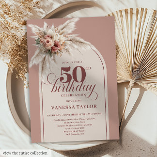 Joyful Boho Dusty Pink Pampas Floral 50th Birthday Einladung