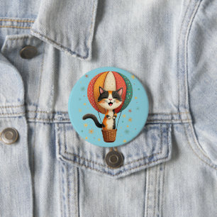 Joyful Calico Cat Sky Adventure Illustration Button