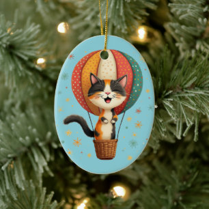 Joyful Calico Cat Sky Adventure Illustration Keramik Ornament