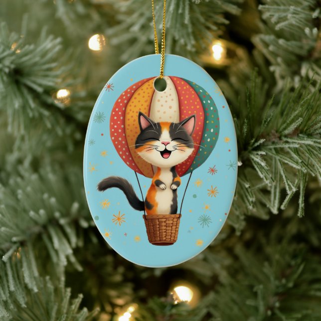 Joyful Calico Cat Sky Adventure Illustration Keramik Ornament (Baum)