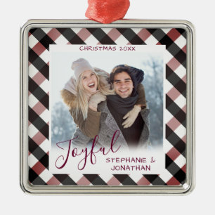 Joyful Calligraphy Buffalo Checked Foto Weihnachte Ornament Aus Metall
