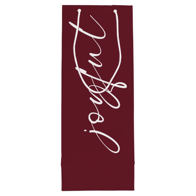 Joyful Calligraphy Merry Christmas Name Burgundy Geschenktüte Für Weinflaschen (Rückseite)