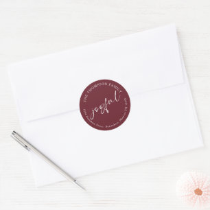 Joyful Calligraphy Return Name Address Burgundy Runder Aufkleber