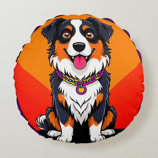Joyful Cartoon Dog Illustration Rundes Kissen (Vorderseite)
