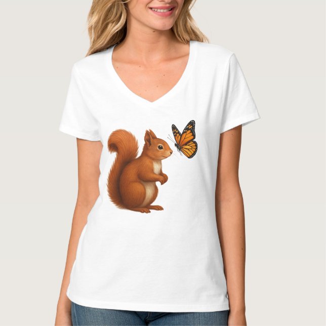 Joyful Chase – Happy Squirrel & Butterfly T-Shirt (Vorderseite)