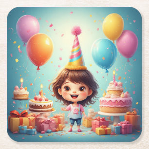 Joyful Child feiert Geburtstag mit Kuchen Rechteckiger Pappuntersetzer