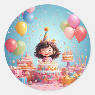 Joyful Child feiert Geburtstag mit Kuchen Runder Aufkleber