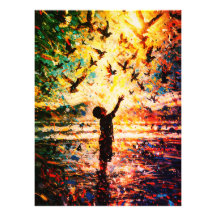 Joyful Child Playing with Birds Sunrise Water