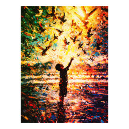 Joyful Child Playing with Birds Sunrise Water Fotodruck