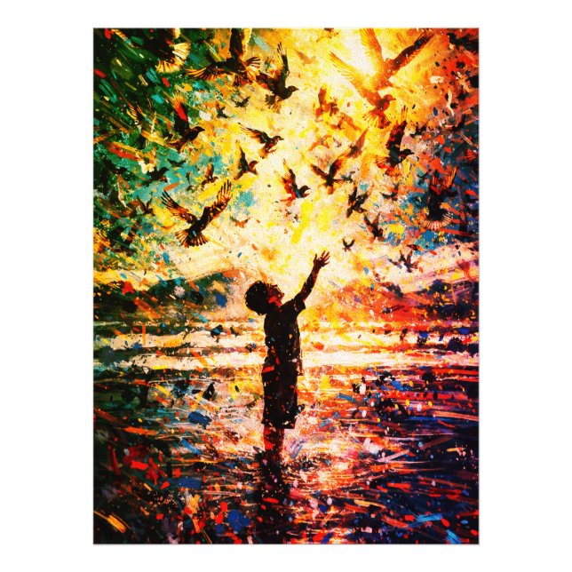 Joyful Child Playing with Birds Sunrise Water Fotodruck (Vorne)