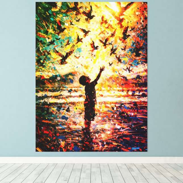 Joyful Child Playing with Birds Sunrise Water Leinwanddruck (Insitu (Holzboden))