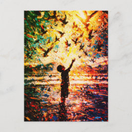 Joyful Child Playing with Birds Sunrise Water Postkarte