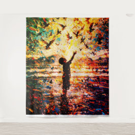 Joyful Child Playing with Birds Sunrise Water Wandteppich