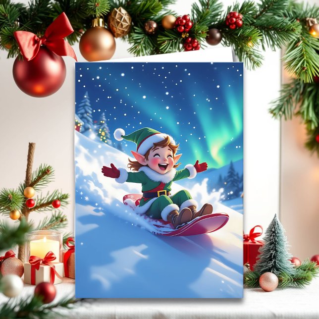 Joyful Christmas Elf Sledding Personalize Karte (Von Creator hochgeladen)