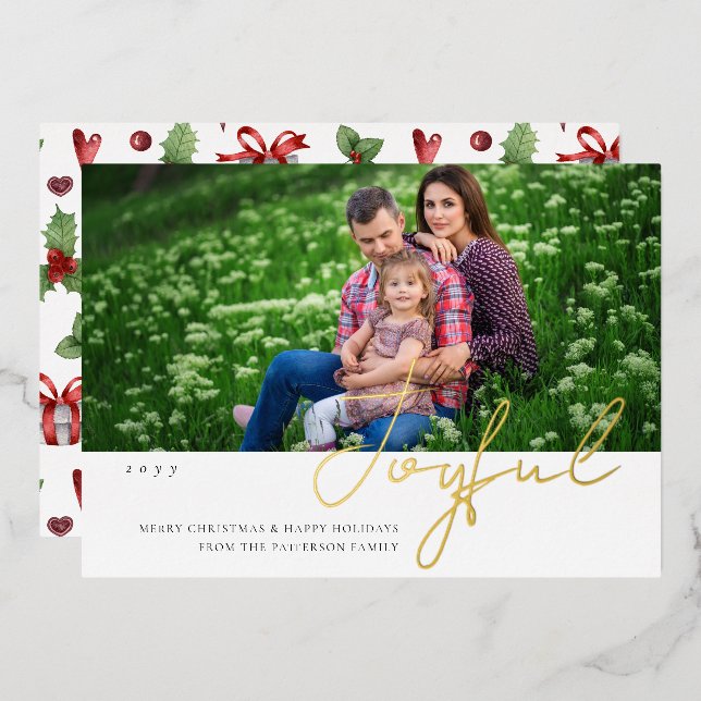 Joyful Christmas Family Photo Modern Script Folieneinladung (Vorderseite/Rückseite)