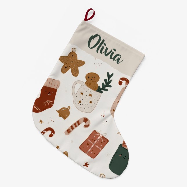 Joyful Christmas Pattern Custom Name Stocking Großer Weihnachtsstrumpf (Vorderansicht (hängend))