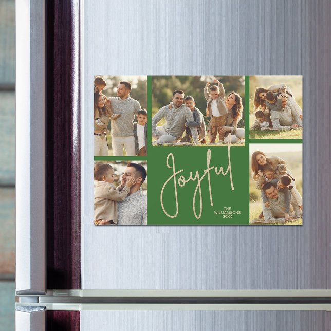 JOYFUL Christmas Photo Collage Magnetic Cards Magnetkarte (JOYFUL script on green Christmas photo collage holiday magnetic cards)