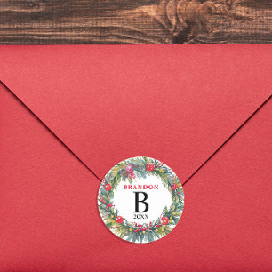 Joyful Christmas Watercolor Kraut Name Monogram Runder Aufkleber