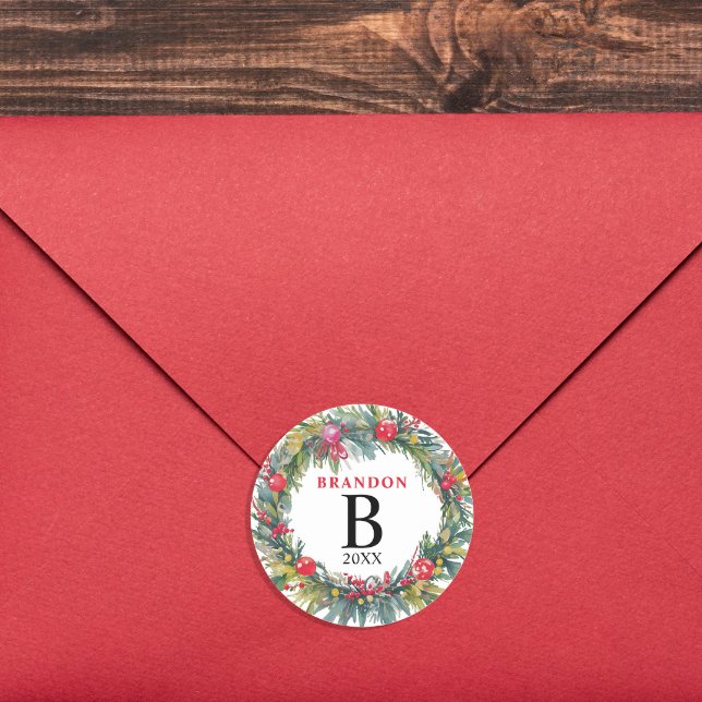 Joyful Christmas Watercolor Kraut Name Monogram Runder Aufkleber (Von Creator hochgeladen)