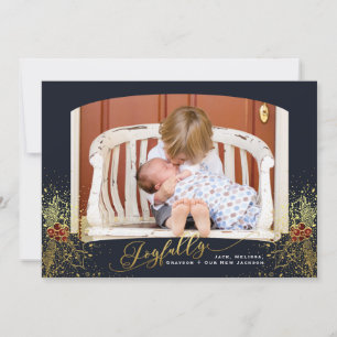 Joyful Confetti Navy Frame Foto Card Feiertagskarte