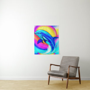 Joyful Dolphin in Rainbow Colors Wandteppich