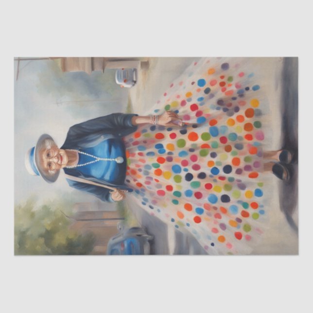 Joyful Elegance: Alte Dame im farbenfrohen Tulle-R Seidenpapier (Vorderseite)