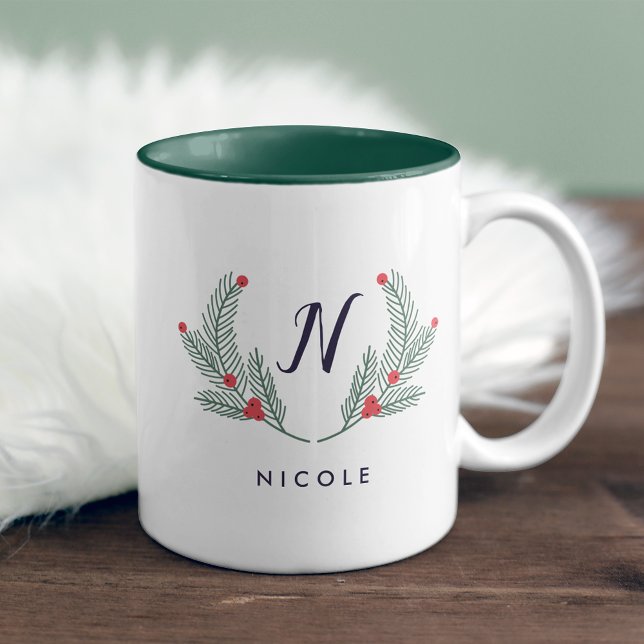 Joyful Foliage Holiday Monogram Zweifarbige Tasse (Von Creator hochgeladen)
