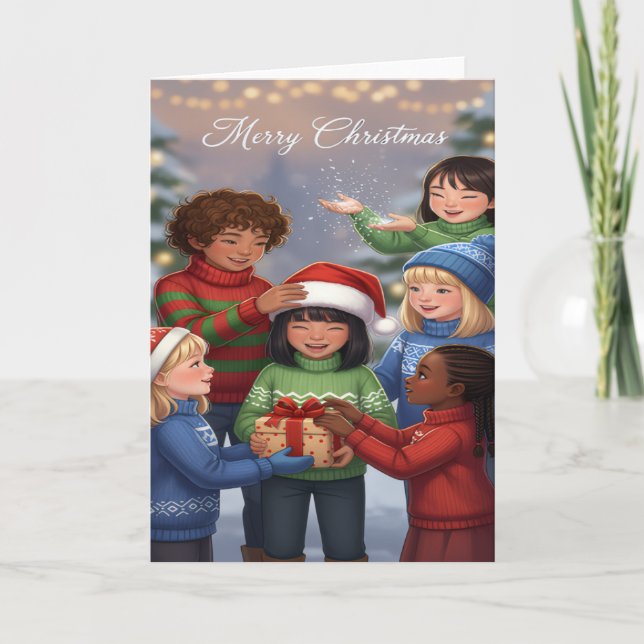 Joyful Gift-Sharing Kids Christmas Card Karte (Vorderseite)
