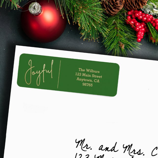JOYFUL Gold and Green Christmas Return Address (JOYFUL Faux Gold Foil on Green Return Address Labels)