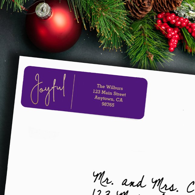 JOYFUL Gold and Purple Christmas Return Address (JOYFUL Faux Gold Foil on Purple Return Address Labels)