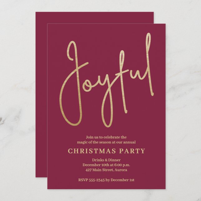 JOYFUL Gold Faux Foil on Cranberry Christmas Party Einladung (Vorne/Hinten)