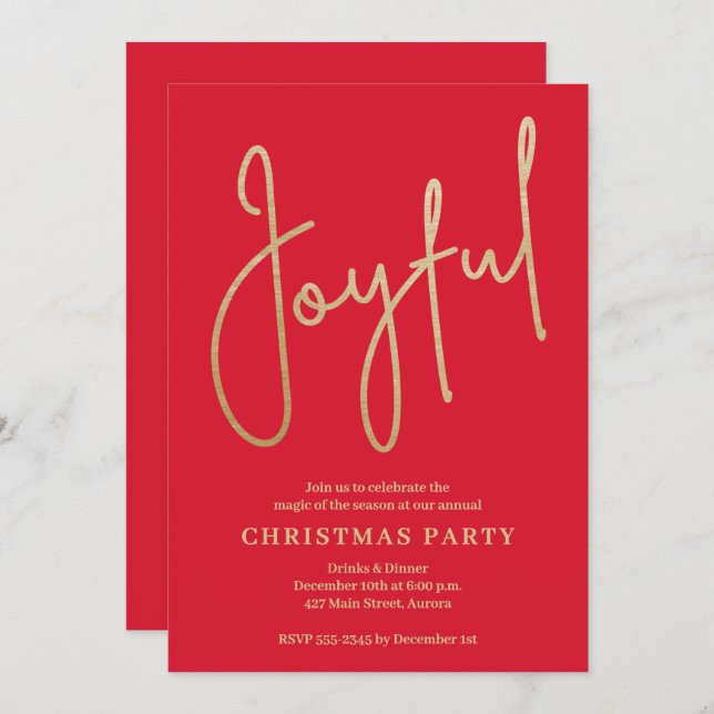 JOYFUL Gold Faux Foil on Red Christmas Party Einladung (Vorne/Hinten)