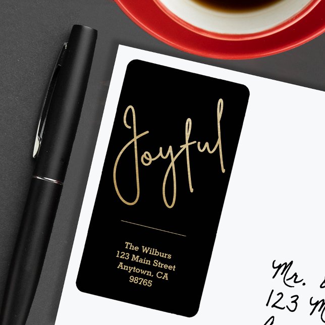 JOYFUL Gold Imitate Fohlen Schwarze Weihnachtsadre Adressaufkleber (JOYFUL Faux Gold Foil on Black Return Address Labels)