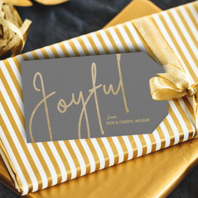 JOYFUL Gold Imitate Foil Grau Geschenkanhänger (Gold JOYFUL text in fancy script on gray Christmas gift/favor tags personalized with your names)