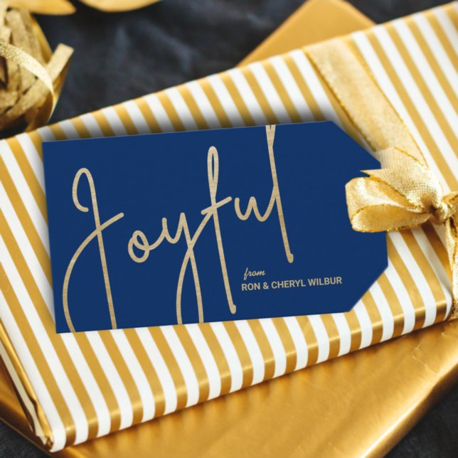 JOYFUL Gold Imitate Fox Blue Geschenkanhänger (Gold JOYFUL text in fancy script on blue Christmas gift/favor tags personalized with your names)