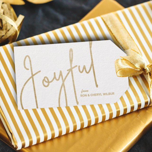 JOYFUL Gold Imitate Fox White Geschenkanhänger (Gold JOYFUL text in fancy script on white Christmas gift/favor tags personalized with your names)