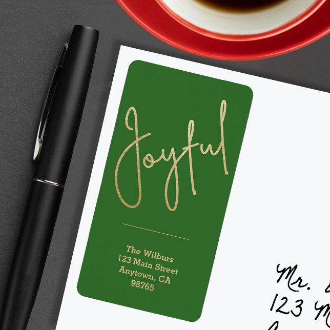 JOYFUL Gold Imitate Grün Weihnachtsansprache Adressaufkleber (JOYFUL Faux Gold Foil on Green Return Address Labels)